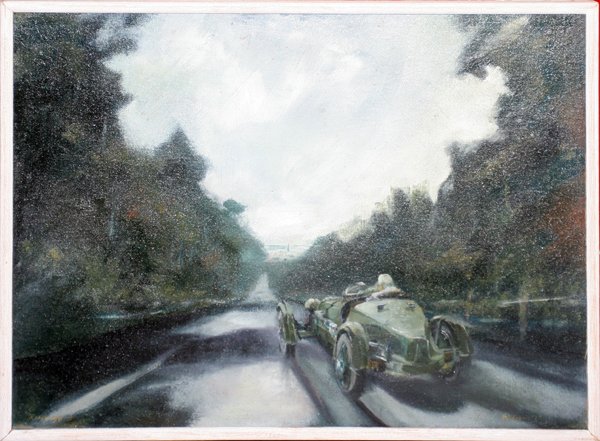 WILLIAMS, ENGLISH OIL ON MASONITE, 11" X 15": WILLIAMS, ENGLISH OIL ON MASONITE, 11" X 15", 1977, CAR RACE, "ROADSCAPE II":11 3/8" x 15 1/4"; signed and dated lower right; framed. Chichester, Sussex, England. From the Estate of W. A. Warrick, Ply