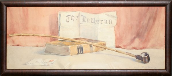 C. M. BARKSTATE, WATERCOLOR, C. 1880, 9" X 21",: C. M. BARKSTATE, WATERCOLOR, C. 1880, 9" X 21", STILL LIFE:Victorian era watercolor still life depicts pipe, "The Lutheran" newspaper From the Estate of W. A. Warrick, Plymouth, Mi.