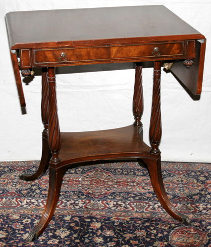 DUNCAN PHYFE DROP LEAF, WALNUT TEA TABLE: DUNCAN PHYFE DROP LEAF, WALNUT TEA TABLE, C.1900, H 28", W 40" DROP LEAVES OPEN, D 14":drop leaves fold down to 25" table width, marquetry trim on outer edge of top with full width drawer and brass pu
