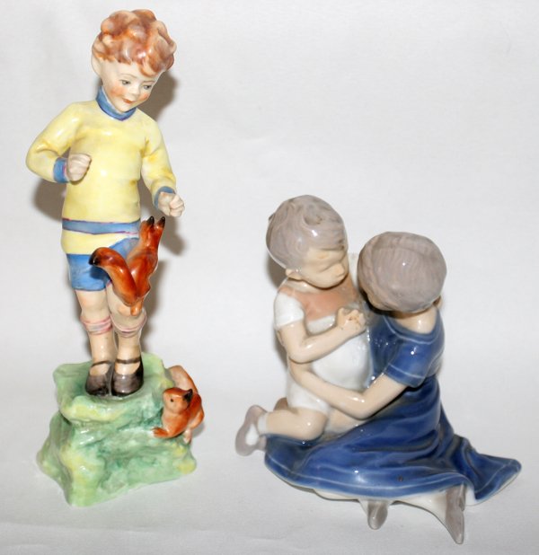 BING & GRONDAHL & ROYAL WORCESTER FIGURES, TWO: BING & GRONDAHL & ROYAL WORCESTER PORCELAIN FIGURES, TWO, H 4" & 7 1/2":Including 1 Bing & Grondahl figural group together with 1 Royal Worcester figure of a boy with squirrels, modeled by F.C. Dought