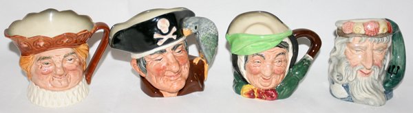 ROYAL DOULTON CHARACTER JUGS, FOUR, H 4": ROYAL DOULTON CHARACTER JUGS, FOUR, H 4":Including 1 "Sairey Gamp", 1" Long John Silver", 1"Old King Cole" and 1"Neptune".
