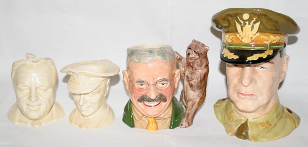 ROYAL WINTON POTTERY CHARACTER JUGS, FOUR, : ROYAL WINTON POTTERY CHARACTER JUGS, FOUR, H 3 3/4" - 7 1/4":Mugs include 1 Douglas MacArthur, 1 Teddy Roosevelt, 1 Franklin D. Roosevelt and 1 King George IV.