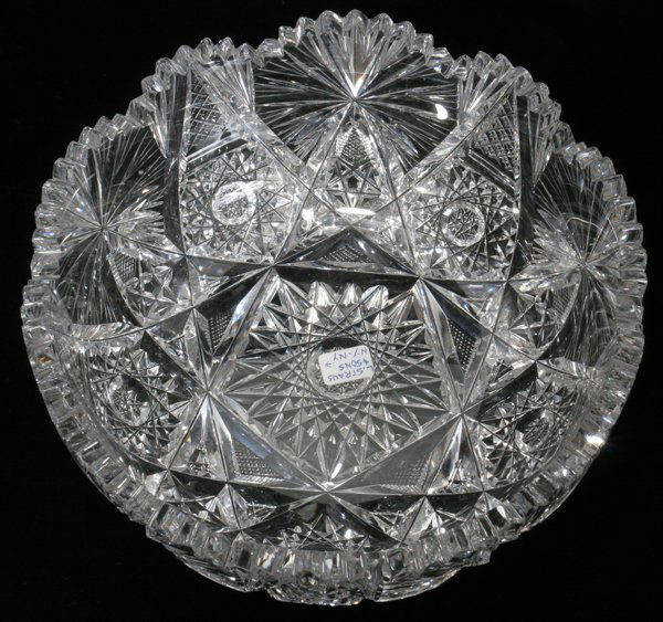 L. STRAUS & SONS, NEW YORK CUT GLASS BOWL, H 3": L. STRAUS & SONS, NEW YORK CUT GLASS BOWL, H 3", DIA 8":Dahlia pattern, deep cut.