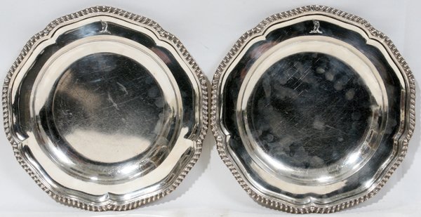 GEORGE III STERLING SOUP PLATES, LONDON 1795-96: GEORGE III STERLING SOUP PLATES, LONDON, 1795-96, TWO, DIA 10":Each having a scalloped edge with gadrooned rim and engraved crest. Hallmarks include a lion passant, crowned leopard, king's profile, da