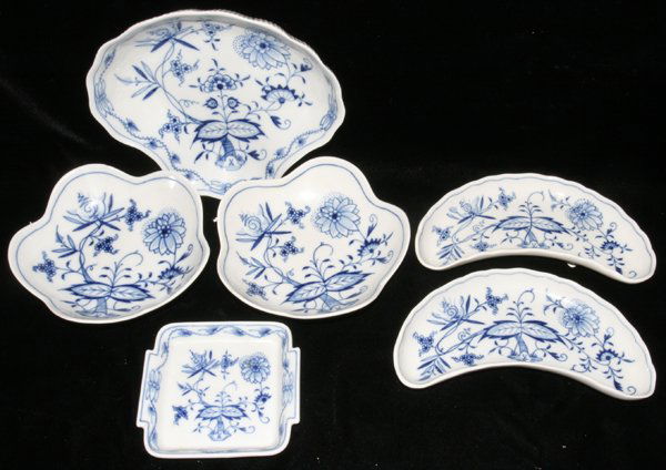 MEISSEN 'BLUE FLORAL' PORCELAIN SERVING DISHES: MEISSEN 'BLUE FLORAL' PORCELAIN SERVING DISHES (6), L 4"-7":2 crescent shape 7", 2 round with scallop edge 6", one shell form 7" x 6", one square tray 4". from the Estate of Arnold Hoffman, Grosse Poi
