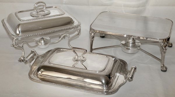 SILVER PLATE SERVING PIECES, 3, H 4 1/2" - 8": SILVER PLATE SERVING PIECES, THREE, H 4 1/2" - 8":Including 1 covered dish on a stand with a liner and alcohol burner (90-1462), H. 8", W. 7 3/4", L. 10 1/4"; 1 Mappin & Webb covered dish, H. 5", w. 8