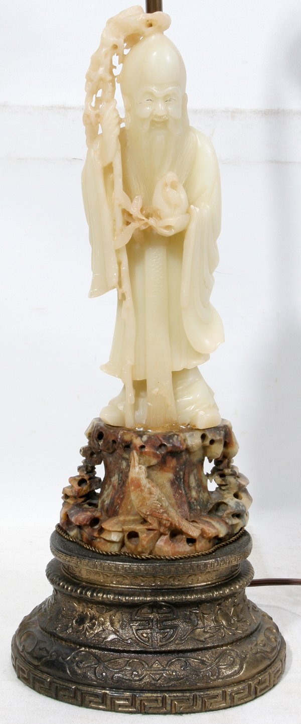 CHINESE SOAPSTONE QUIN YIN, H 12", AS LAMP: CHINESE SOAPSTONE QUIN YIN, H 12", MOUNTED AS LAMP:Circa 1900. Height of 12" includes soapstone figure as well as carved soapstone base.