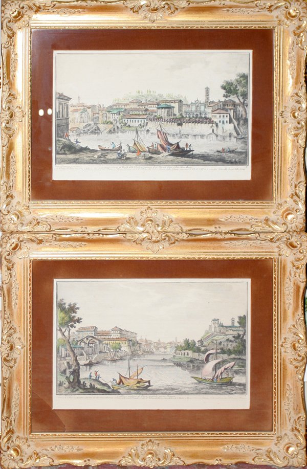 AFTER PIRANESI, HAND-COLORED ENGRAVINGS, PAIR, : AFTER PIRANESI, HAND-COLORED ENGRAVINGS, PAIR, 8" X 12":Numbers 2 and 5, beautifully matted under glass in matching frames.