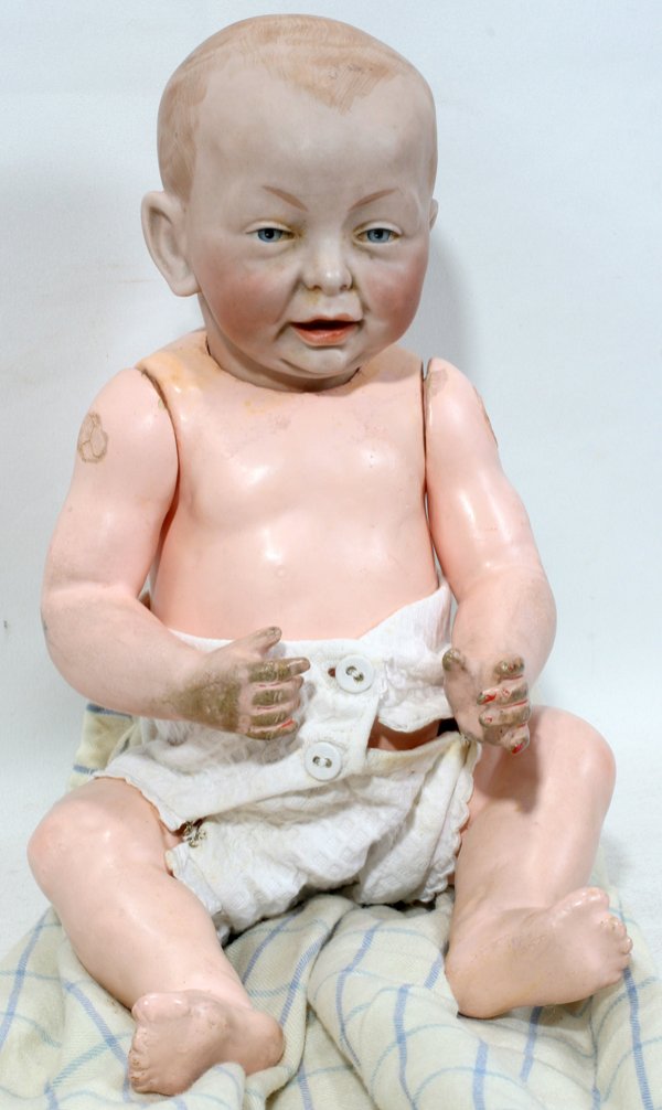 KAMMER & REINHARDT 'KAISER BABY' DOLL, #100, C: KAMMER & REINHARDT 'KAISER BABY' DOLL, #100, C. 1910, L 14":Kammer & Reinhardt character baby doll having a bisque head with hand-painted features, open mouth, incised at the neck with logo and number