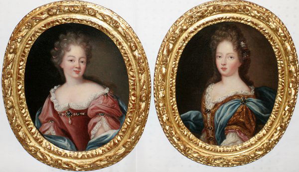 FOLLOWER OF PIERRE MIGNARD OILS ON CANVAS, 16": FOLLOWER OF PIERRE MIGNARD & A COMPANION PIECE, OILS ON CANVAS, 16" X 13", 2, REGAL WOMEN:Both oval portraits shows women in noble dress and are in a period frame. No apparent signatures. Purchased fr