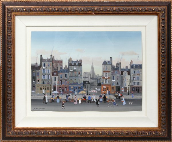MICHEL DELACROIX, GOUACHE ON PAPER, 13" X 18", : MICHEL DELACROIX, GOUACHE ON PAPER, 13" X 18", FRENCH STREET SCENE:Signed lower left; original frame.
