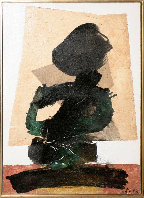 CHUANG CHE (B. 1934) OIL AND COLLAGE, 34" X 24": CHUANG CHE, (B. 1934), OIL AND COLLAGE, 34" X 24", 'COLLAGE #12':Signed lower right. Forsythe Gallery label. From an Ann Arbor collector.
