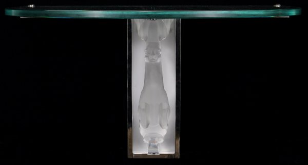 LALIQUE STAG FORM CRYSTAL/CHROME WALL SHELVES: LALIQUE STAG FORM CRYSTAL AND CHROME WALL BRACKET SHELVES, H 11", W 20", D 12":H 11 1/2", W 19 3/4", D 12". The stag form crystal brackets are etched signed, "Lalique, France"; c. 1/2" thick inset gla