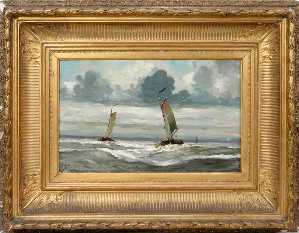 HENDRIK W. MESDAG, OIL ON BEVELLED WOOD PANEL: HENDRIK W. MESDAG, OIL ON BEVELLED WOOD PANEL, 11 1/4" X 17 1/2", 'IN CHOPPY SEA': DUTCH 1831-1915:Depicts sailboats on rough waters, signature lower left reads "H. W. Mesdag", within a gilt wood and