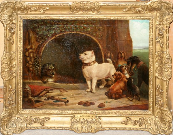 J. CELLINI, OIL ON CANVAS 1909, 14" X 18", DOGS: J. CELLINI, OIL ON CANVAS, 1909, 14" X 18", PACK OF DOGS:Painting depicts 8 dogs in an exterior setting. Signed and dated at the lower right; framed.