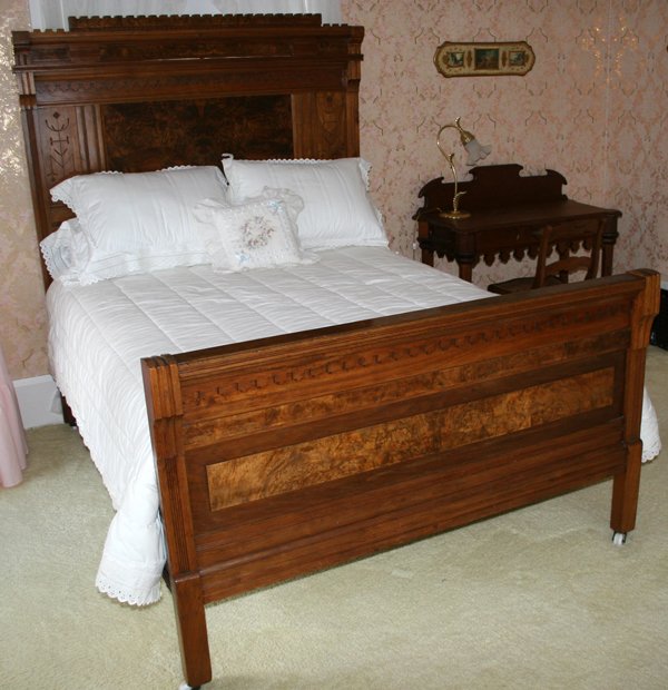AMERICAN EASTLAKE WALNUT HIGH BACK BEDROOM SET: AMERICAN EASTLAKE WALNUT AND BURLED WALNUT HIGH BACK BEDROOM SET, 8 PCS.:Includes bed, H 68";vanity, H 38 1/2"; L 40",;four cane seated chair; marble top wash stand, H 38"; L 31", D 16 1/2"; marble to