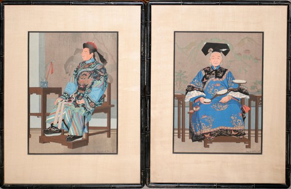 ELIZABETH KEITH, COLOR WOODBLOCK PRINTS, PAIR, : ELIZABETH KEITH, COLOR WOODBLOCK PRINTS, PAIR, 17" X 12" SIGHT, CHINESE FEMALE & MALE: UK 1887-1956:Signed Elizabeth Keith in the lower right. Matted and framed under glass. Hudson's label.
