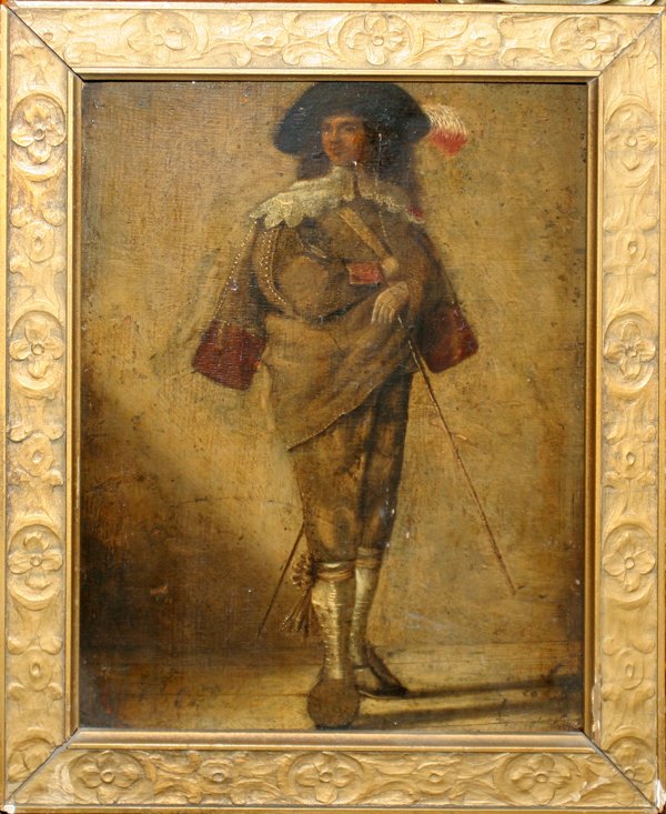 CONTINENTAL OIL ON WOOD PANEL 19TH C, 9" X 7": CONTINENTAL OIL ON WOOD PANEL 19TH CENTURY, 9" X 7", 'FIGURE OF A GENTLEMAN'-LE DUC':Image depicts a full length portrait of a man. Verso shows partial paper labels, one of which includes title. Possi