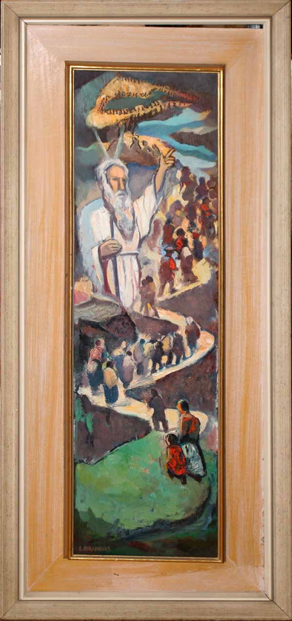 ISRAEL ABRAMOFSKY, OIL ON BOARD, 40" X 11",: ISRAEL ABRAMOFSKY, OIL ON BOARD, 40" X 11", MOSES LEADING THE ISRAELITES: AMERICAN 1888-1975:Signed lower left; original frame. Toledo, Ohio artist.