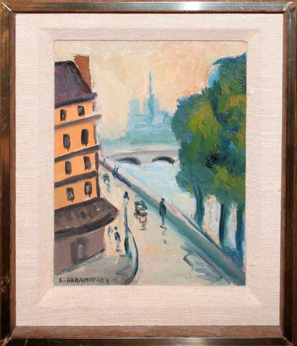 ISRAEL ABRAMOFSKY, OIL ON CANVAS BOARD, 8" X 6": ISRAEL ABRAMOFSKY, OIL ON CANVAS BOARD, 8" X 6", EUROPEAN STREET WITH RIVER: US 1888-1975:Signed lower left; framed. Dimensions are 8 1/2" x 6 1/2".
