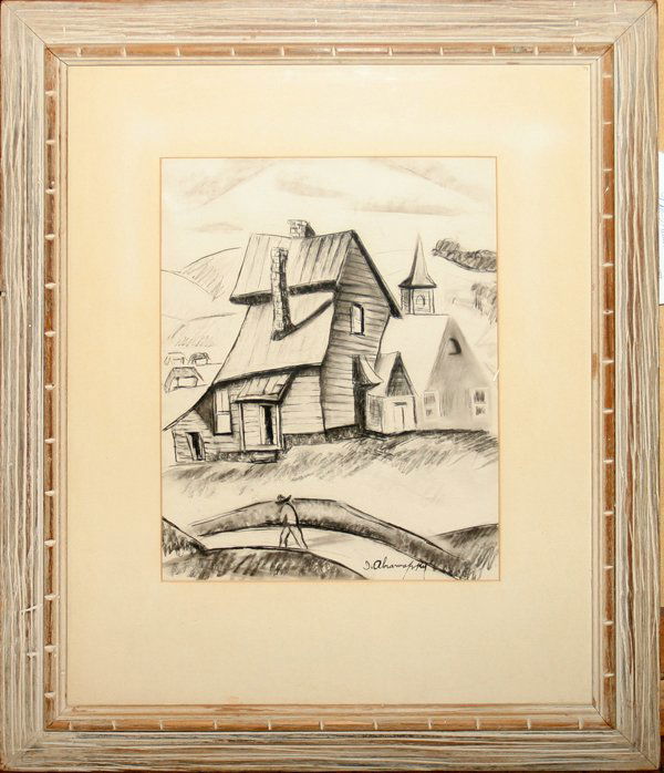 ISRAEL ABRAMOFSKY, CHARCOAL DRAWING, 12" X 10",: ISRAEL ABRAMOFSKY, CHARCOAL DRAWING, 12" X 10", CHURCH WITH MAN ON A BRIDGE:Signed lower right; framed. Dimensions are 12 3/4" x 10" (sight).