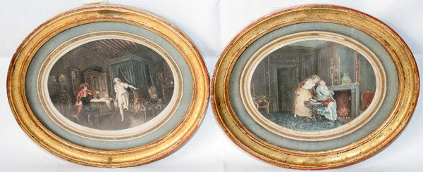 HAND-COLORED PRINTS, PAIR, ANTIQUE, 3 1/4" X: HAND-COLORED PRINTS, PAIR, ANTIQUE, 3 1/4" X 4 1/2", GENRE SCENES:Oval prints, one depicting a young lady emerging from her bed, and the other depicts a lady tending to a gentleman seated by a frame;