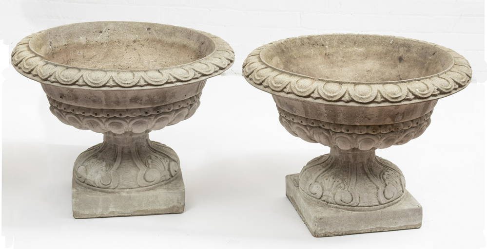Cast Concrete Garden Urns, Pair, H 20", Dia 28"