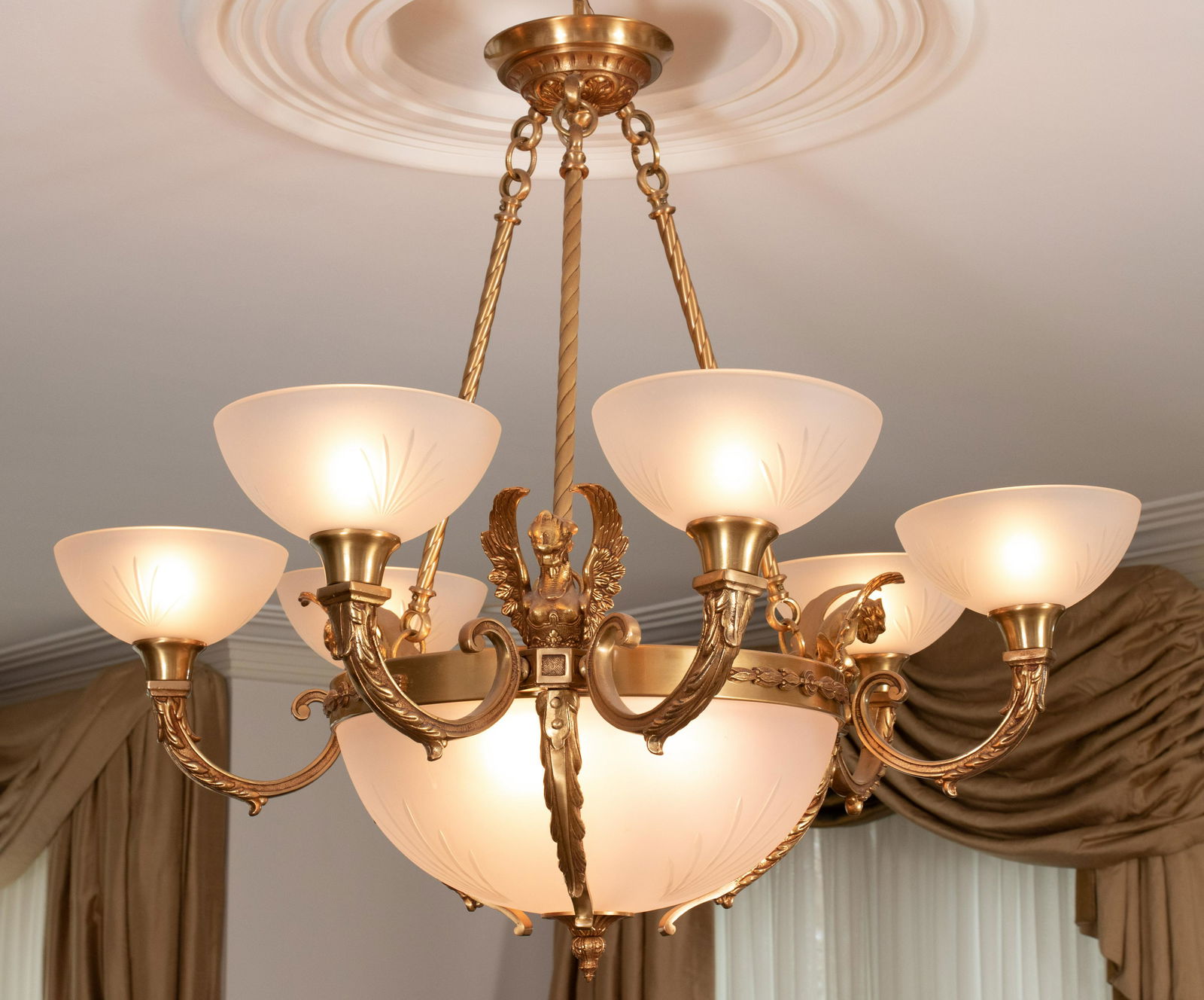 EMPIRE STYLE GLASS & BRASS SIX-LIGHT CHANDELIER, H 36", (1 of 4)