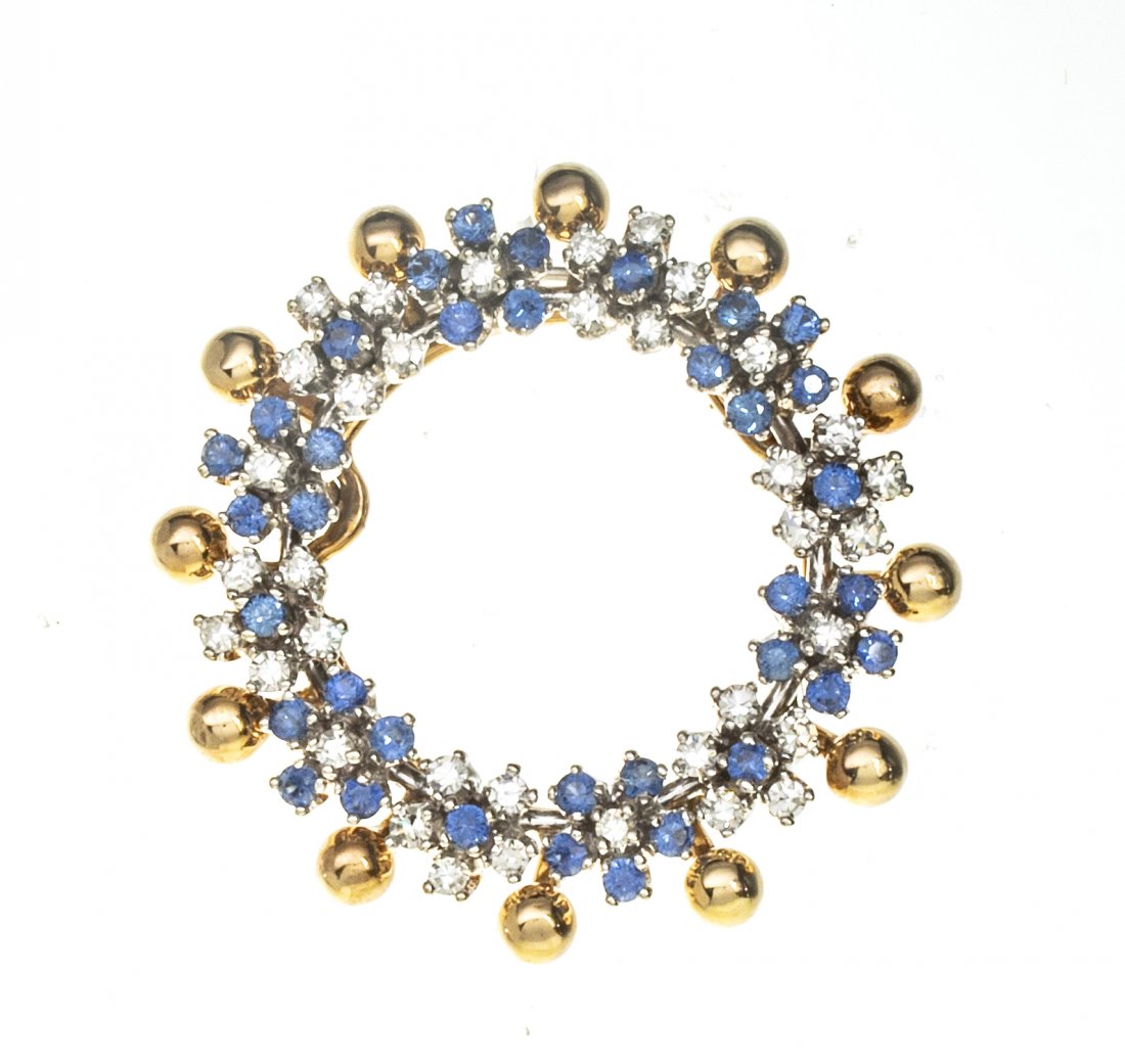 14KT GOLD, SAPPHIRE & DIAMOND BROOCH, DIA 1.5", T.W. 16 (1 of 1)
