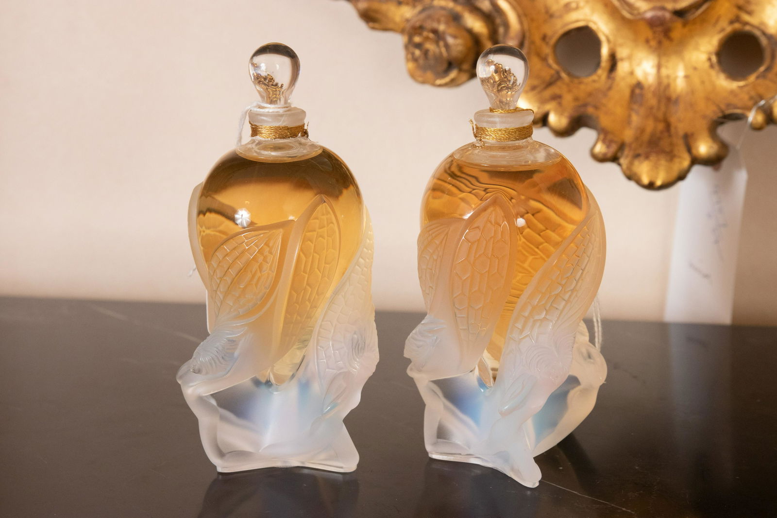 LALIQUE OPALESCENT GLASS PERFUME BOTTLES, 2 PCS, H 5.6" (1 of 1)