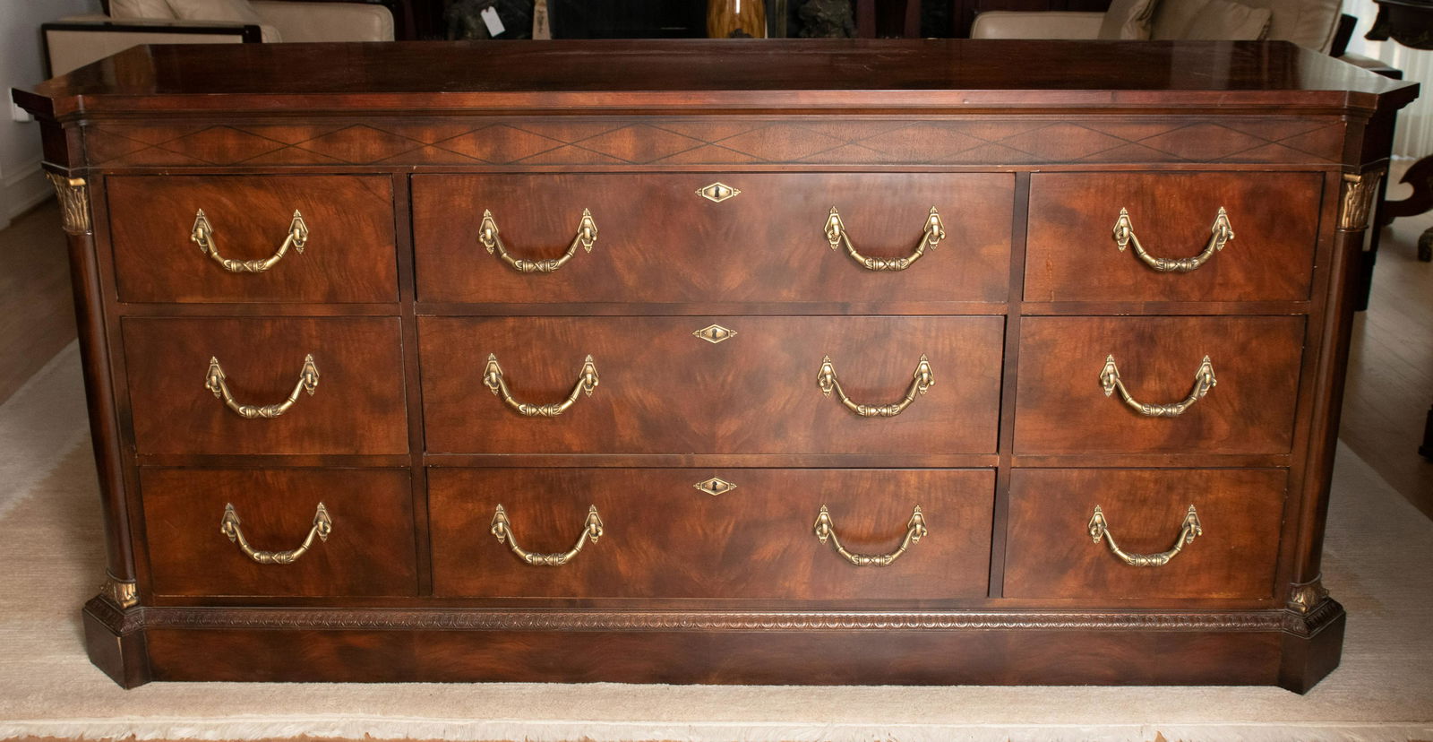 HENREDON MAHOGANY DRESSER, H 36", L 79", D 22": HENREDON MAHOGANY DRESSER, H 36", L 79", D 22"Triple dresser, nine drawers. From a Grosse Pointe Shores estate.