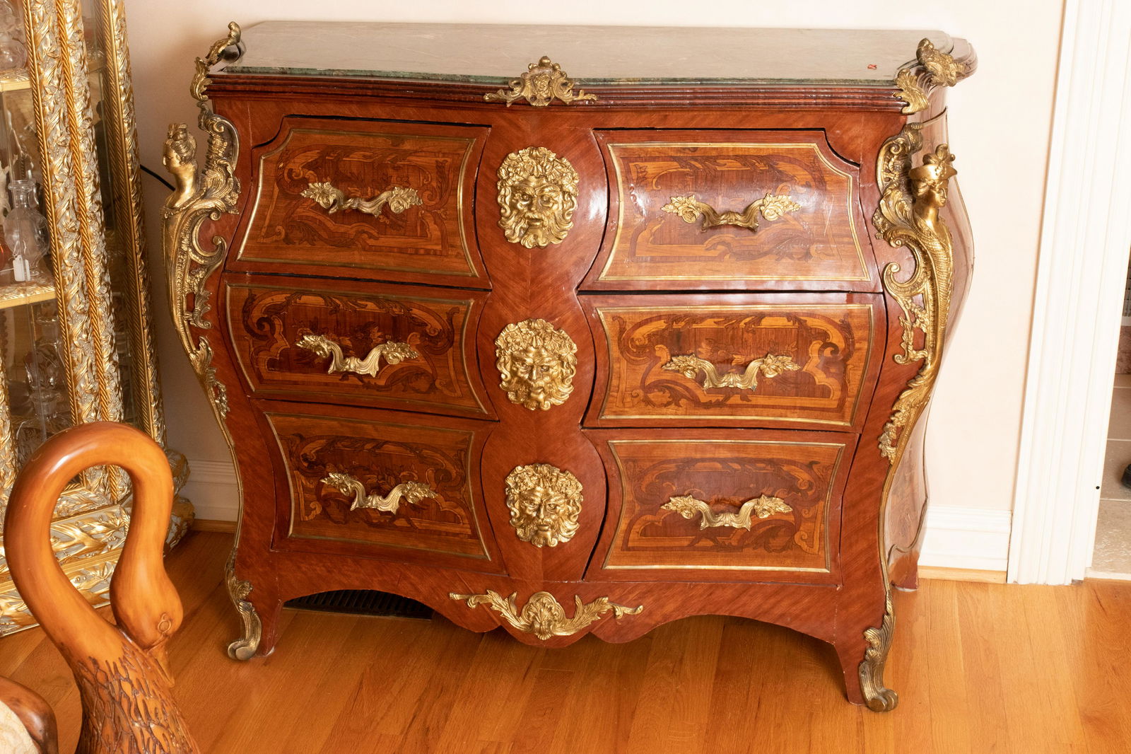 FRENCH LOUIS XVI STYLE BOMBE COMMODE, GREEN MARBLE TOP, (1 of 1)