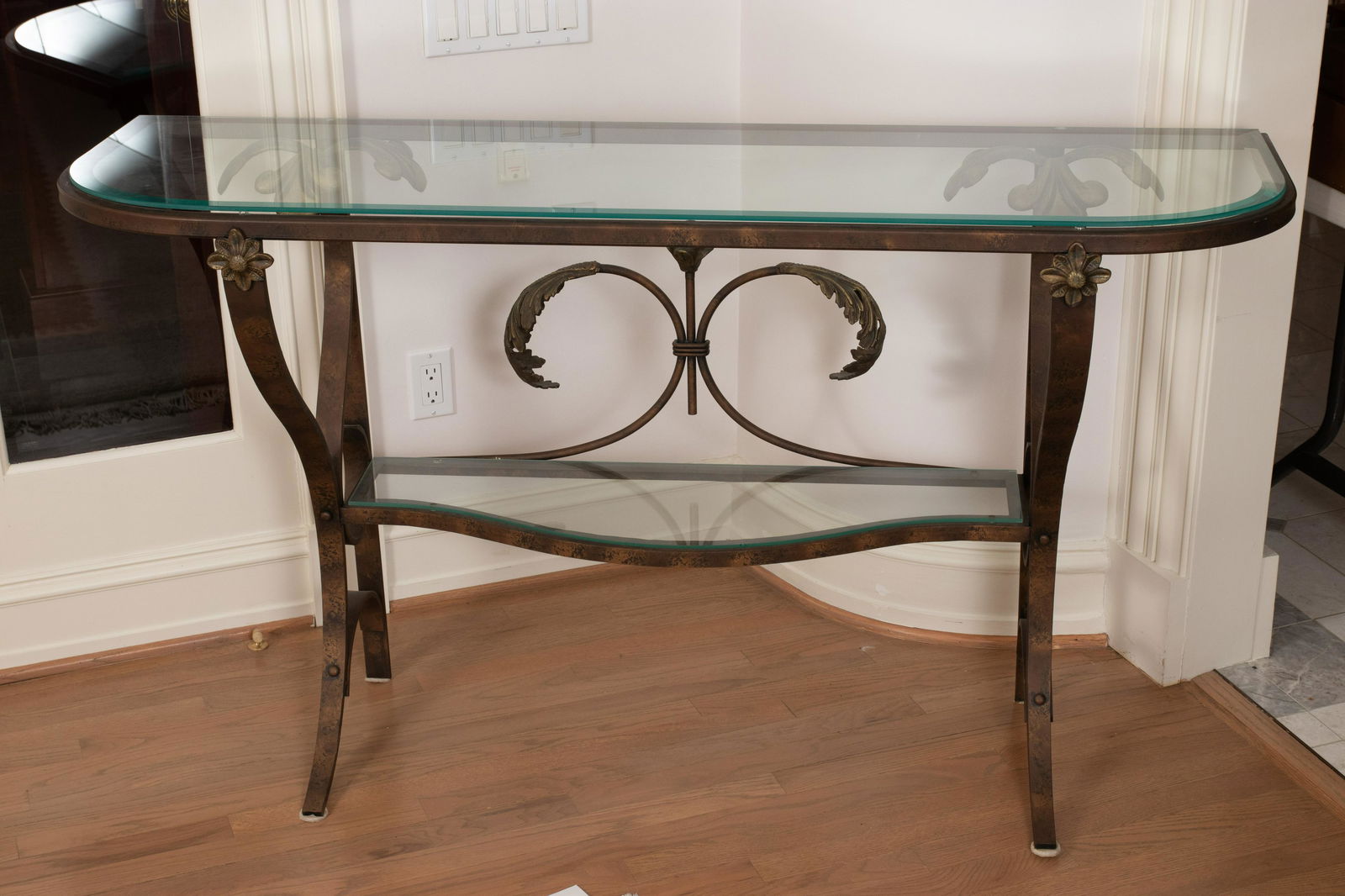 MODERN WROUGHT IRON & GLASS CONSOLE TABLE, H 34", W 60" (1 of 2)
