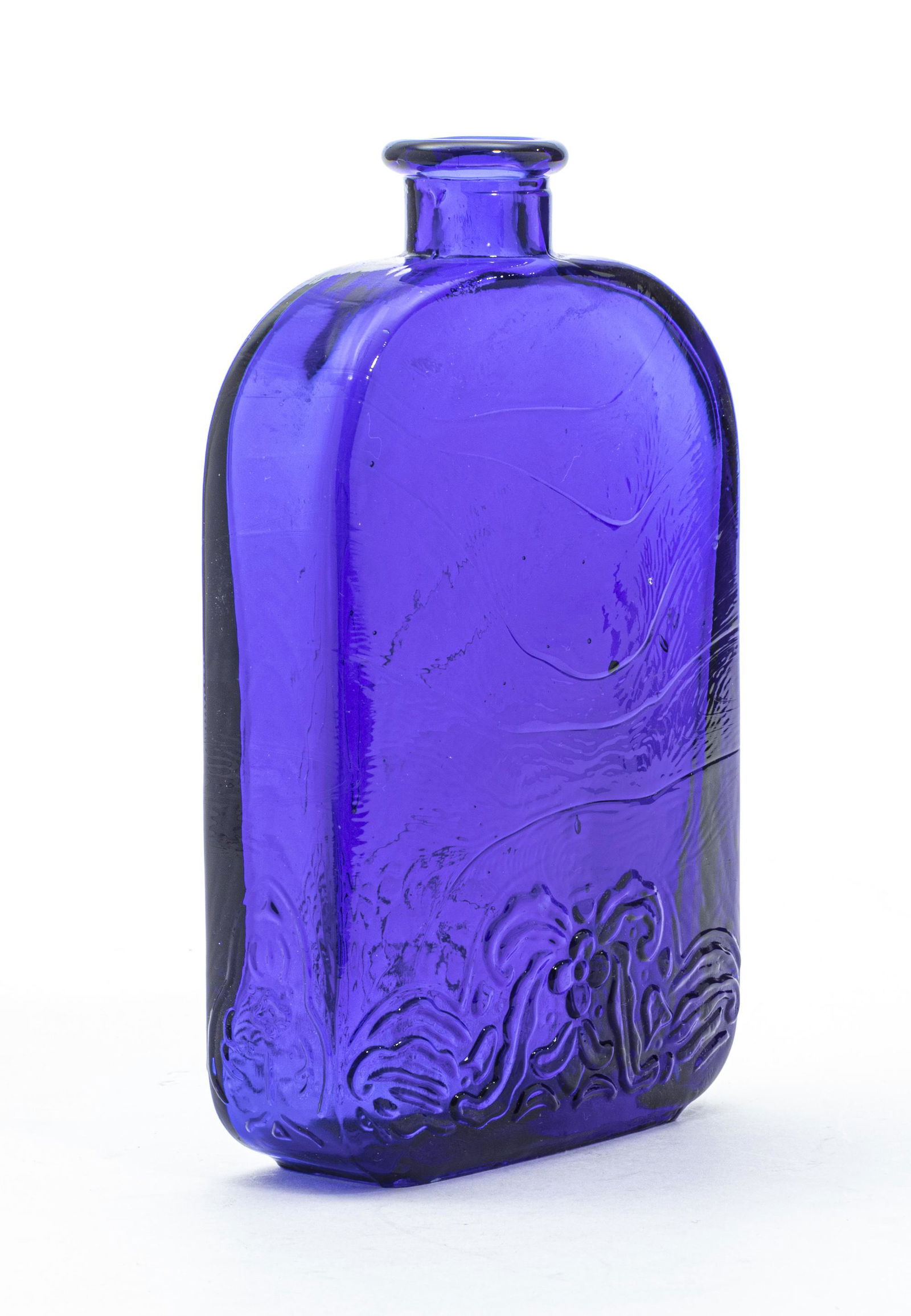 HAND BLOWN COBALT BLUE GLASS FLASK BOTTLE H 7" W 4" (1 of 3)