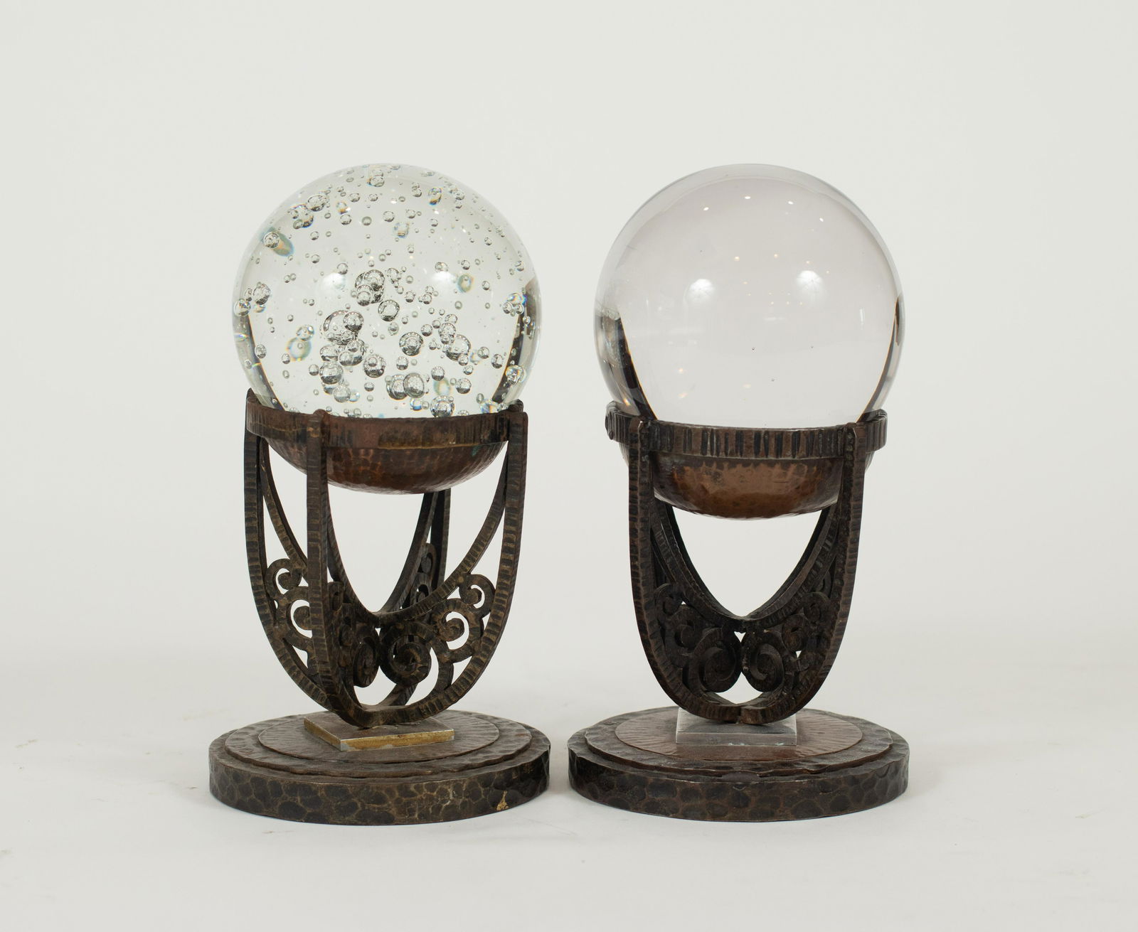 ART DECO GLASS SPHERES ON COPPER BASES, 2 PCS, H 8.5", (1 of 2)