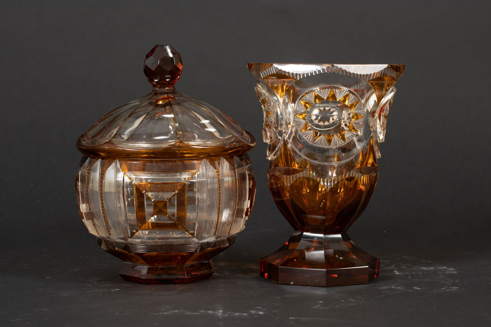 BOHEMIAN OVERLAY CRYSTAL COVERED DISH & VASE, 2 PCS, H (1 of 4)