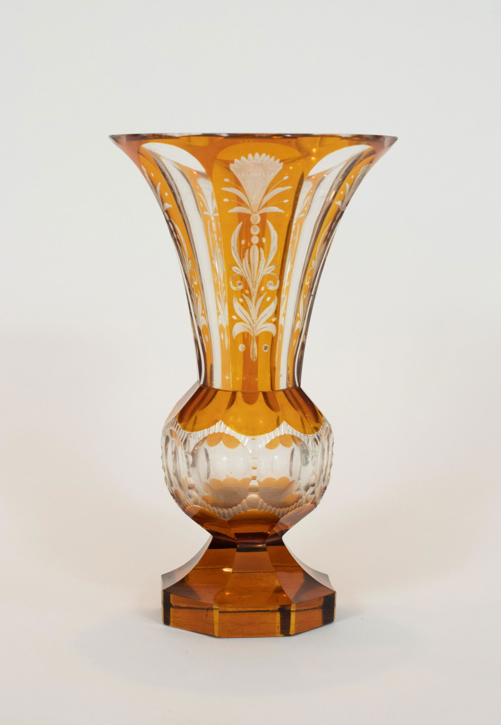 BOHEMIAN AMBER OVERLAY CRYSTAL VASE, H 10" (1 of 4)