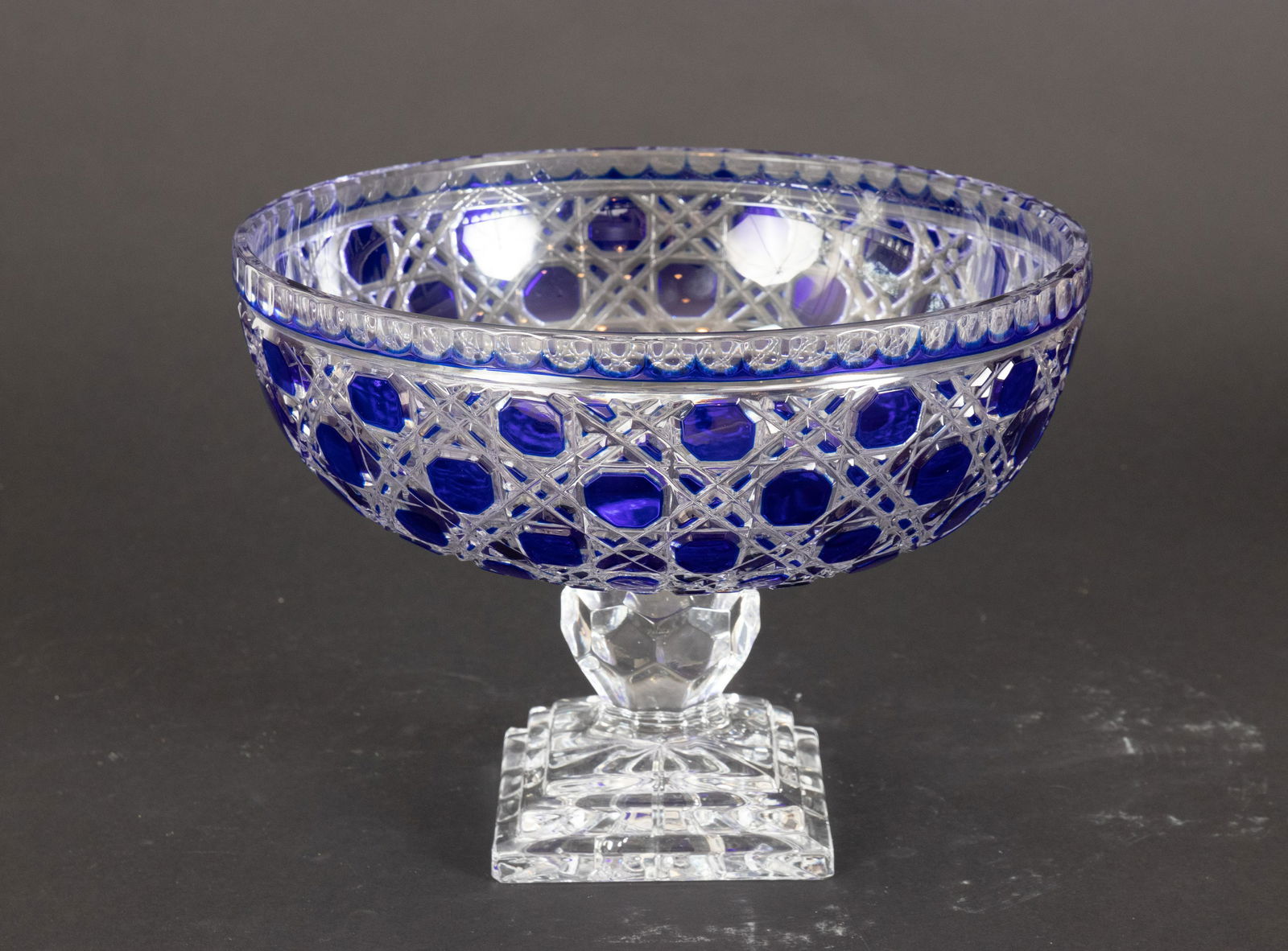CZECH. BLUE OVERLAY CRYSTAL BOWL, PEDESTAL BASE, H (1 of 2)