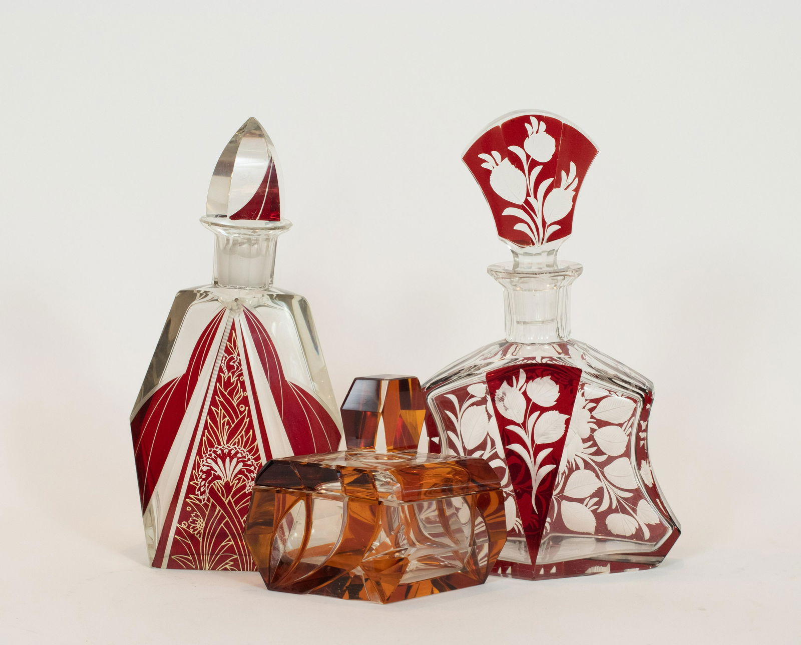 BOHEMIAN OVERLAY GLASS DECANTERS, AND BOX 3 PCS, H 10" (1 of 4)