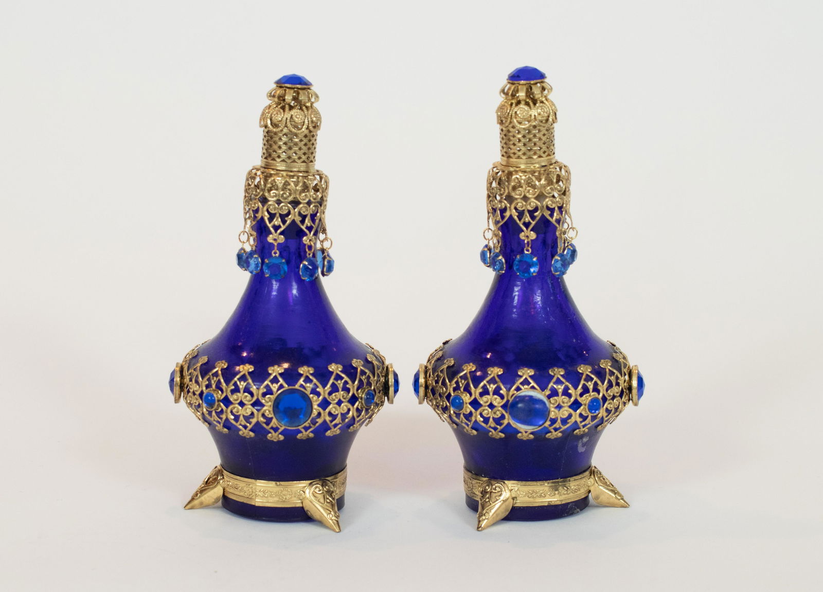 CZECH REPUBLIC BLUE GLASS COLOGNE BOTTLES, PAIR, H 5.8" (1 of 6)