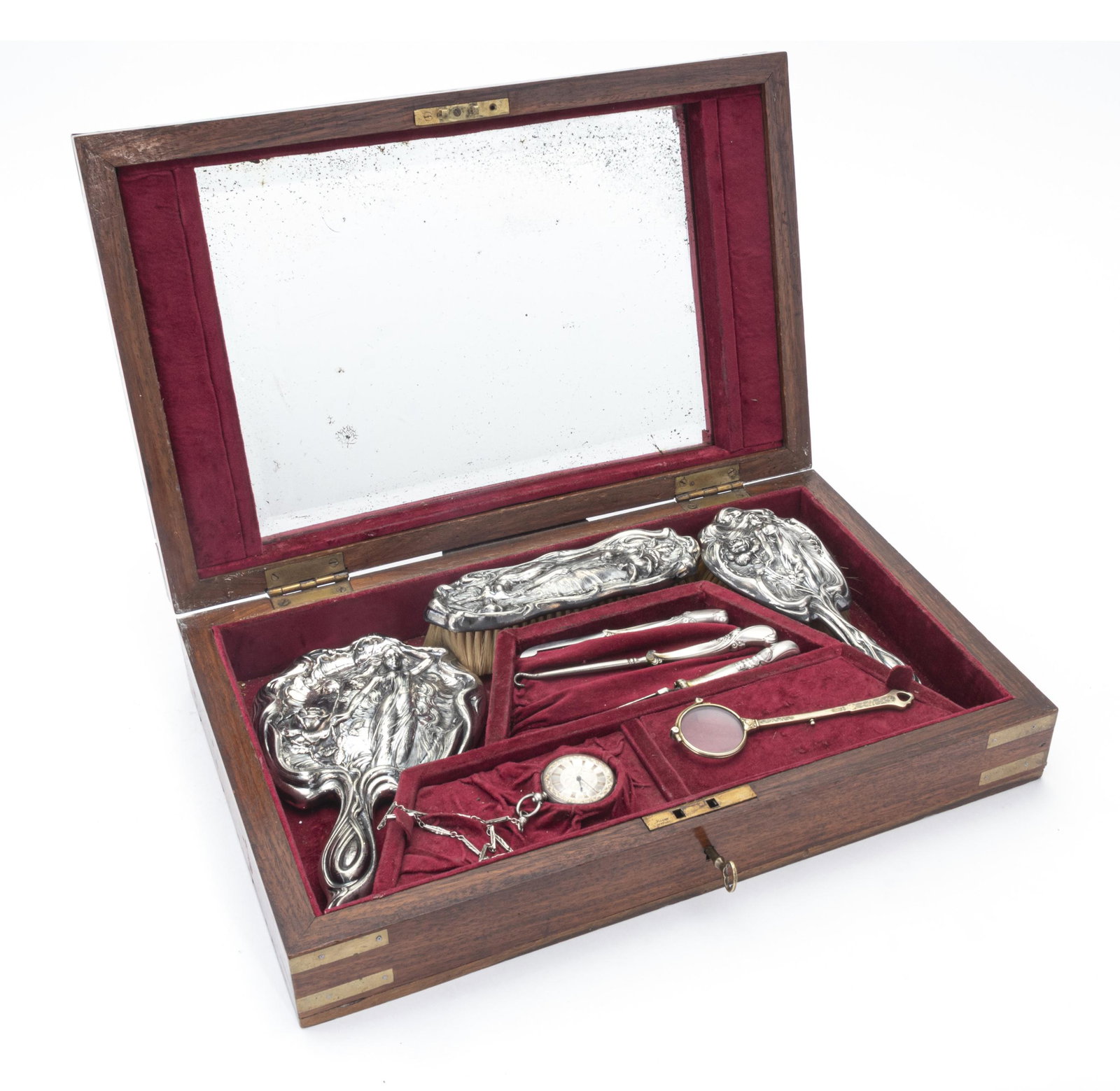 BONE INLAID WOOD TRAVELING CASE WITH GROOMING: BONE INLAID WOOD TRAVELING CASE WITH GROOMING ACCESSORIES, H 3.5", W 18", D 11.5" Wood traveling case inlaid with bone and having butterfly-form brass corners. Contents of this case include art nouvea