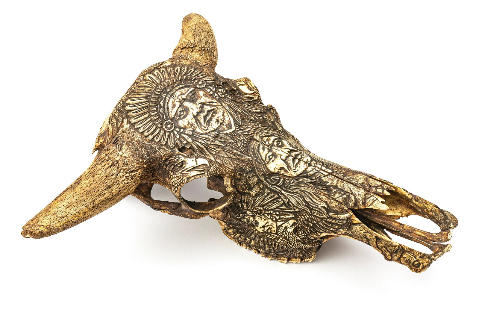 NATIVE AMERICAN CARVED ANIMAL SKULL, H 18", W 16", (1 of 2)