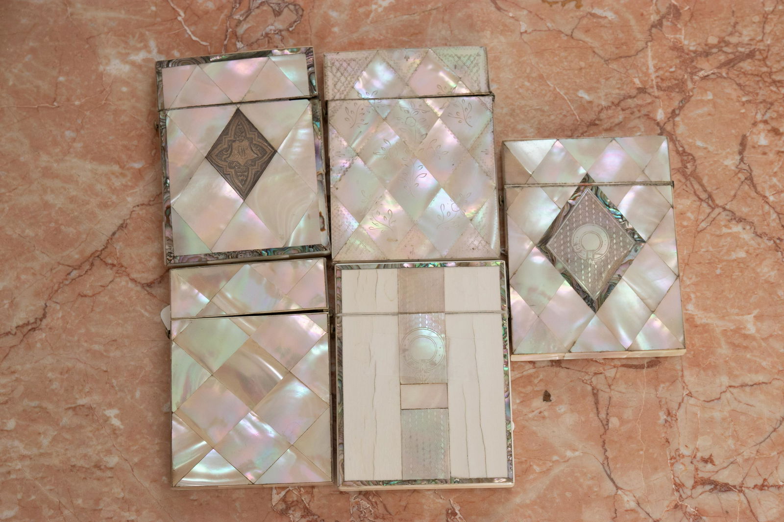 ENGLISH MOTHER OF PEARL CARD BOXES, 19TH.C. 5 PCS, H 4" (1 of 1)