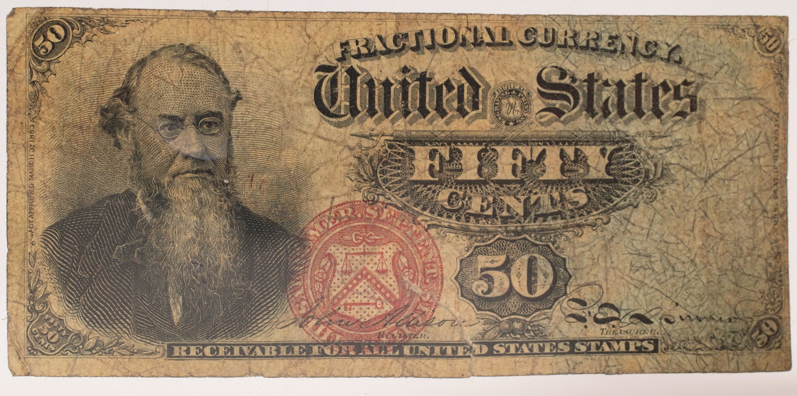 USA, RECEIVABLE FOR ALL UNITED STATES STAMPS .50C: USA, RECEIVABLE FOR ALL UNITED STATES STAMPS .50C STANTON PORTRAIT, CARMINE RED SEAL (1) H 2" W 3.5"AS IS #157 As is.