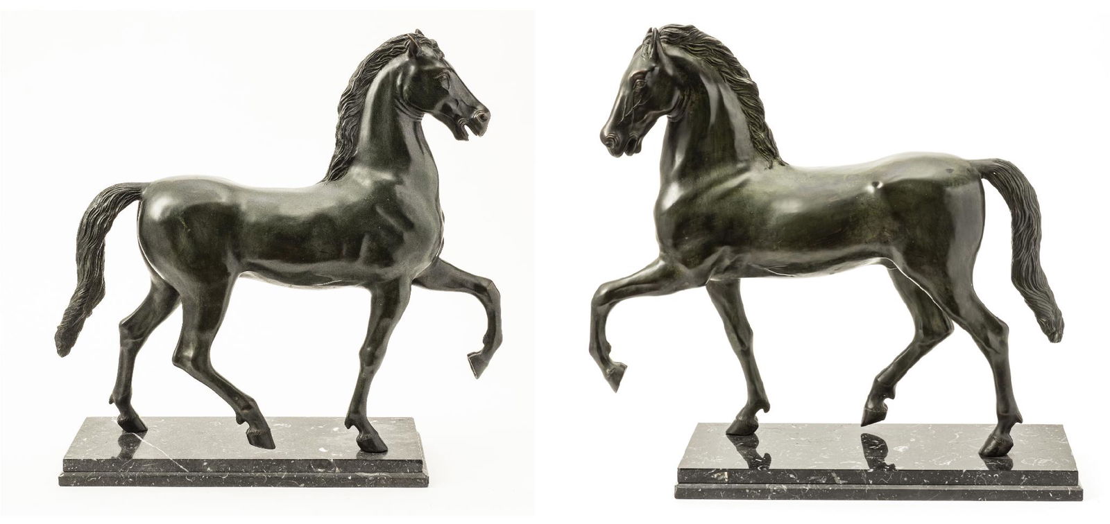 BRONZE  HORSES, ON MARBLE BASES 20TH C. ,  PAIR, H 23", (1 of 5)