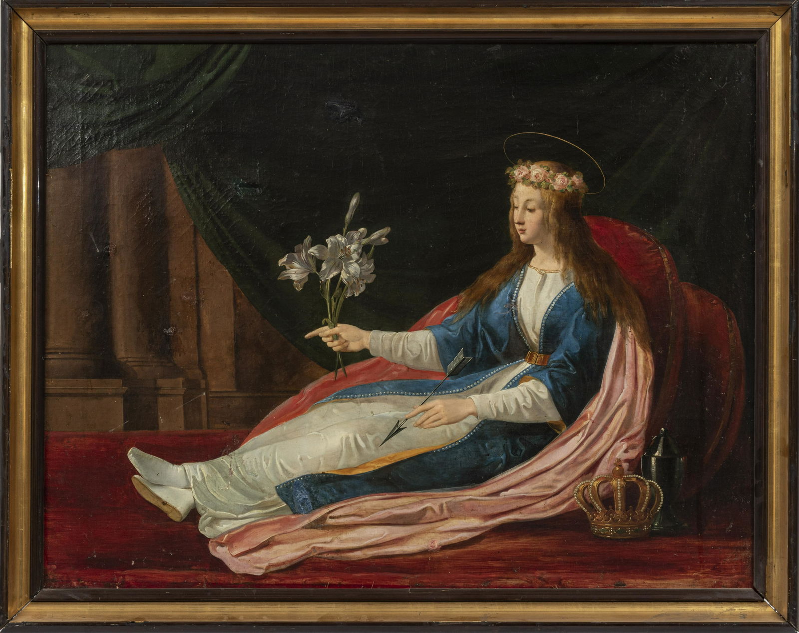 OIL ON CANVAS MOUNTED TO MASONITE, 19TH C, H 25.5", W: OIL ON CANVAS MOUNTED TO MASONITE, 19TH C, H 25.5", W 33", SAINT PHILOMENA Depicting Saint Philomena holding peace lilies and a Diocletian arrow, adjacent to her father's crown. No visible signature.
