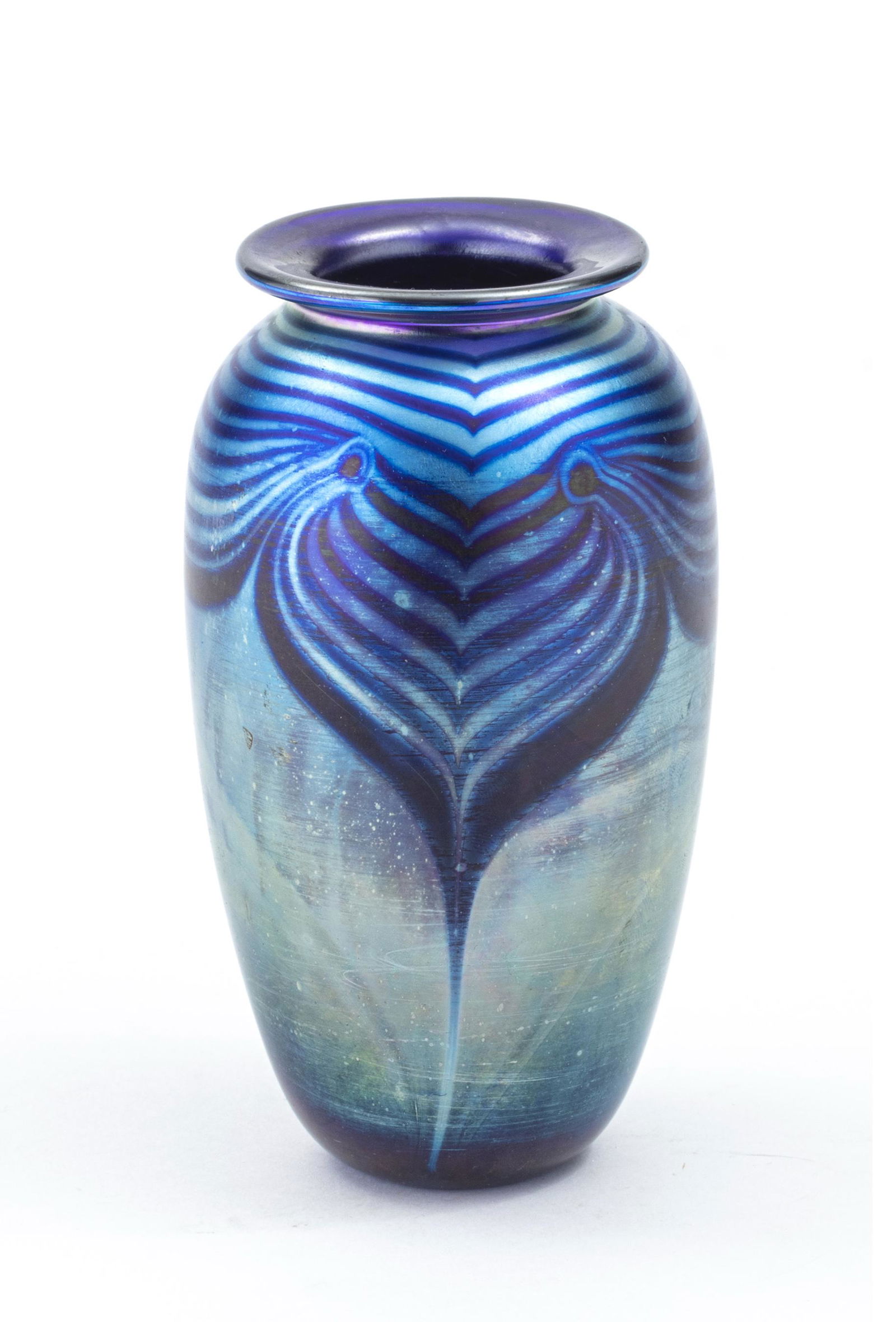 ROBERT EICHOLT, SIGNED ART GLASS VASE, IRIDESCENT BLUE (1 of 3)