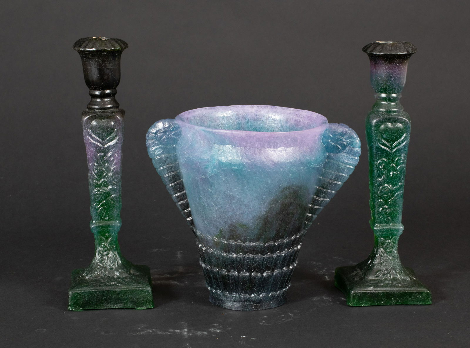 GLASS CANDLESTICKS & VASE,  3 PCS, H 7"-10" PATE DE (1 of 5)