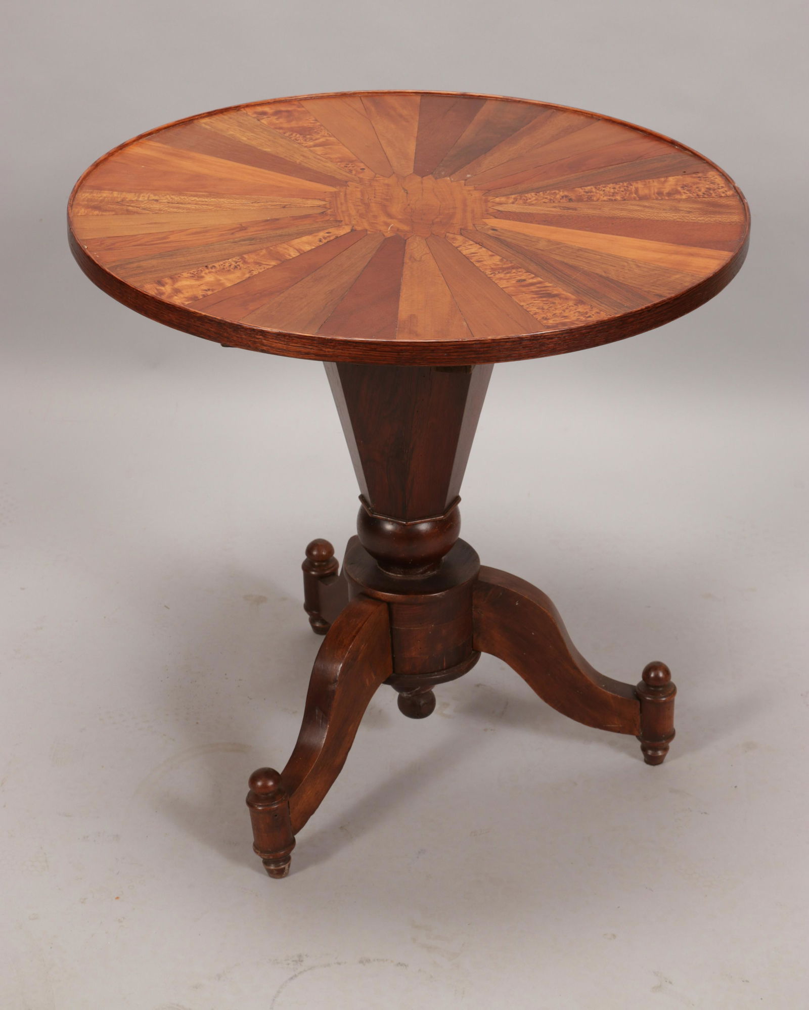 ROSEWOOD AND MIXED WOOD INLAY TABLE, 19TH C, H 28", DIA (1 of 4)