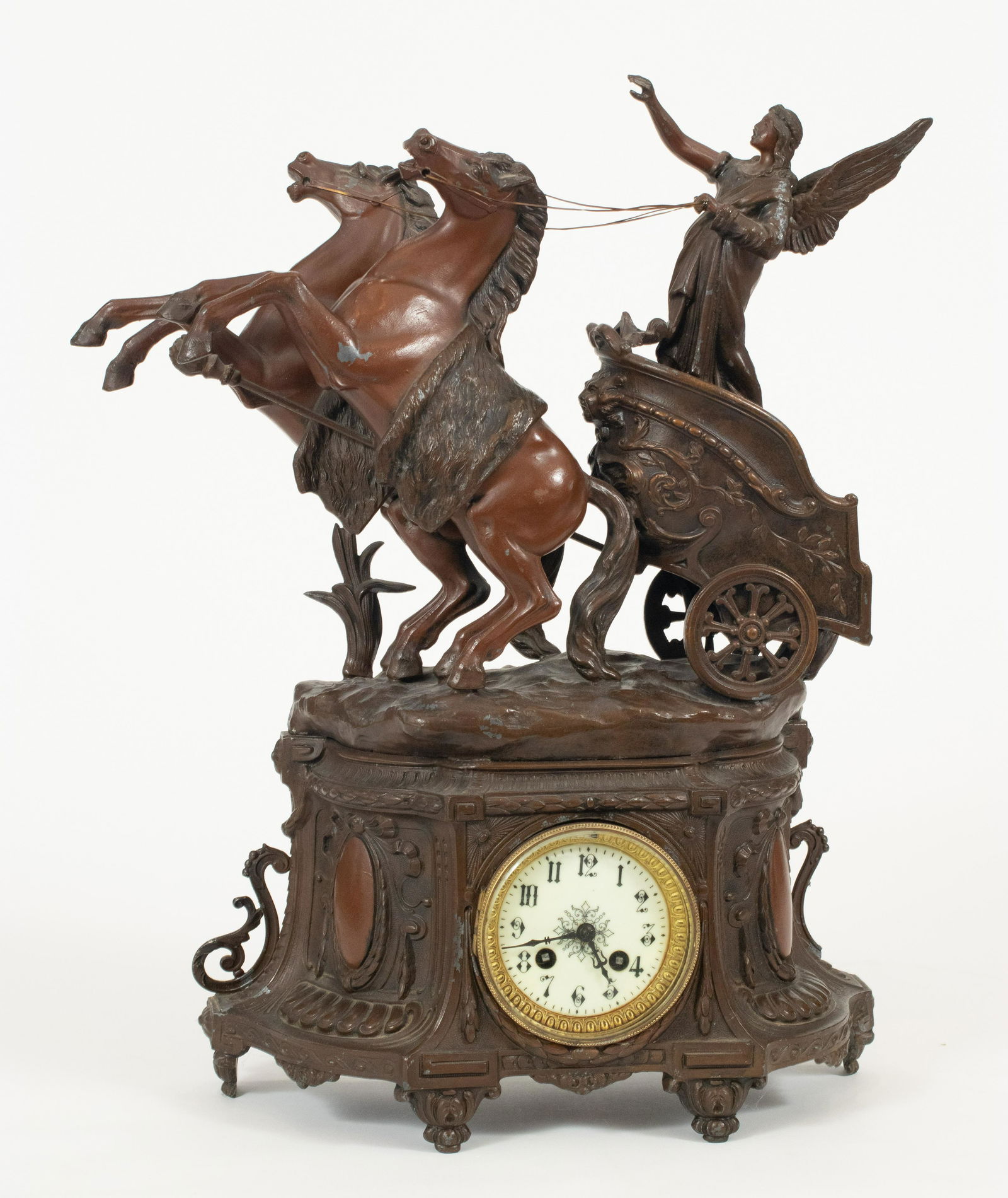 FRENCH PATINATED METAL MANTEL CLOCK, C 1870 H 21", W (1 of 7)
